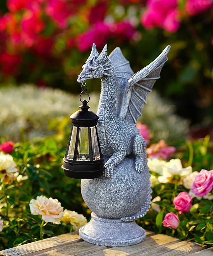 Dragon Statue with Solar Lights Lantern,Outdoor Garden Sculpture Decor for Yard Lawn Balcony Patio Porch,Gardening Gifts for Mom Women Grandma