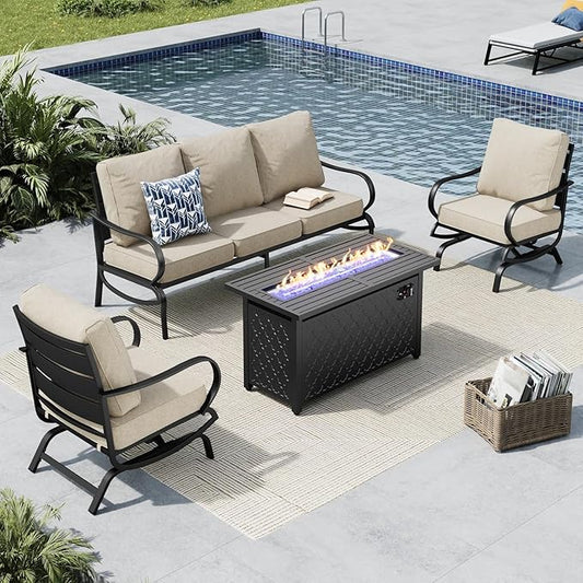 MFSTUDIO 4 Pieces Patio Conversation Sets, All Weather Metal Frame Outdoor Furniture Set Patio Sofas with 1 x 45 Rectangular Propane Fire Table, 1 x 3-Seat Sofa, 2 x Rocking Chairs, Beige Cushion