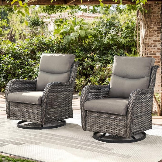 Patio Swivel Chair Set of 2, Resin Wicker Swivel Patio Glider Chairs with Smile-Shaped Cushions, High Back Luxury Swivel Patio Glider Chairs for Outdoor, Brown Wicker|Grey Cushions