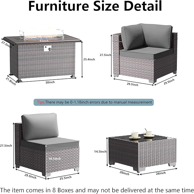 Outdoor Patio Furniture Set with Propane Fire Pit Table, 15 Pieces Furniture Patio Sectional Sofa Conversation Sets w/ETL Approved 43" Gas Outdoor Fire Table & Coffee Table(Grey)
