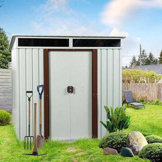 6X5 FT Outdoor Storage Shed, Waterproof Metal Garden Sheds with Lockable Door, Steel Tool Storage Buildings Shed & Outdoor Storage House for Garden, Backyard, Patio, Lawn, Trash Cans(White)