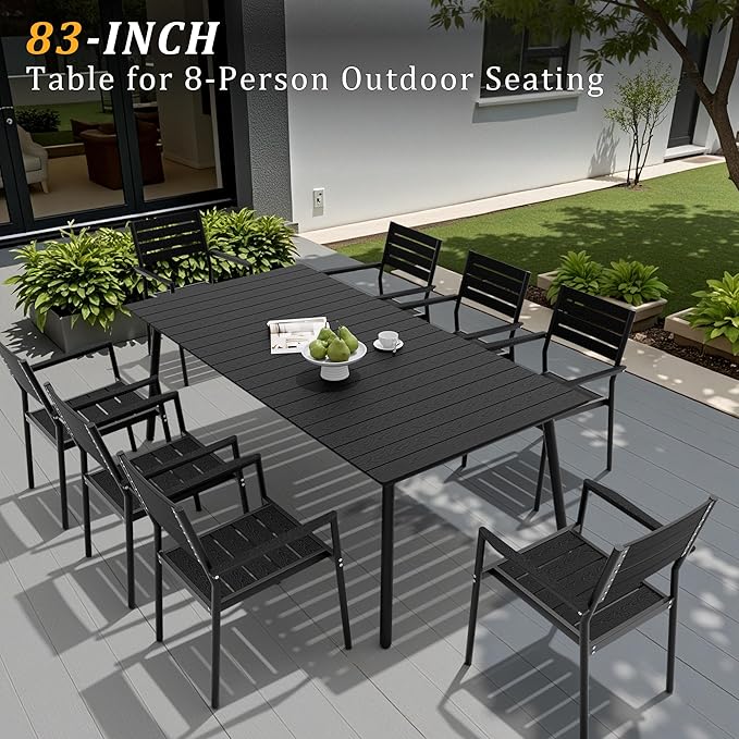 Outdoor Dining Table for 6-8, 82.7 inch Patio Dining Table with Wooden-Like Top and Aluminum Frame, Rectangular Table with Umbrella Hole Outdoor Furniture, Only Table, Black