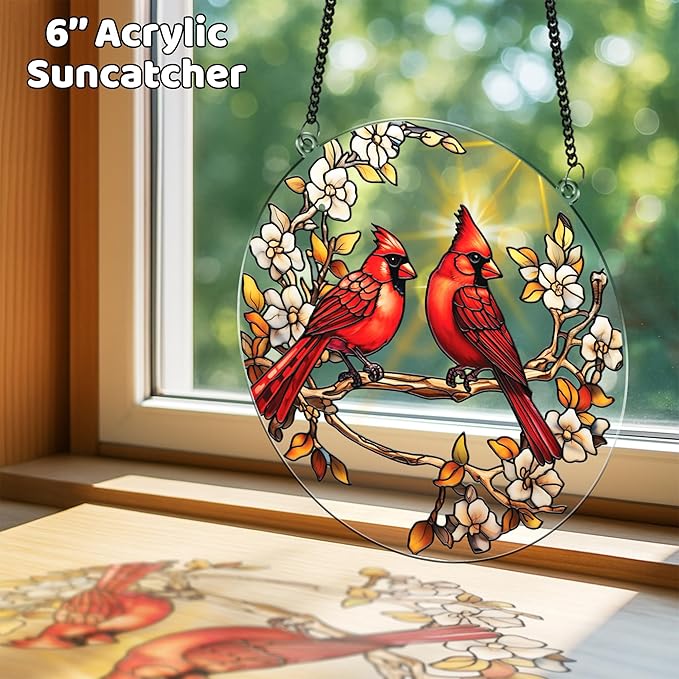 2 Cardinal Butterfly Acrylic Suncatcher, Art Decor for Home, Suncatcher for Window Hanging Indoor, Garden, Housewarming, Gift for Mom, Grandma, Women, Friend, Bird Lover SCB-A6-B3
