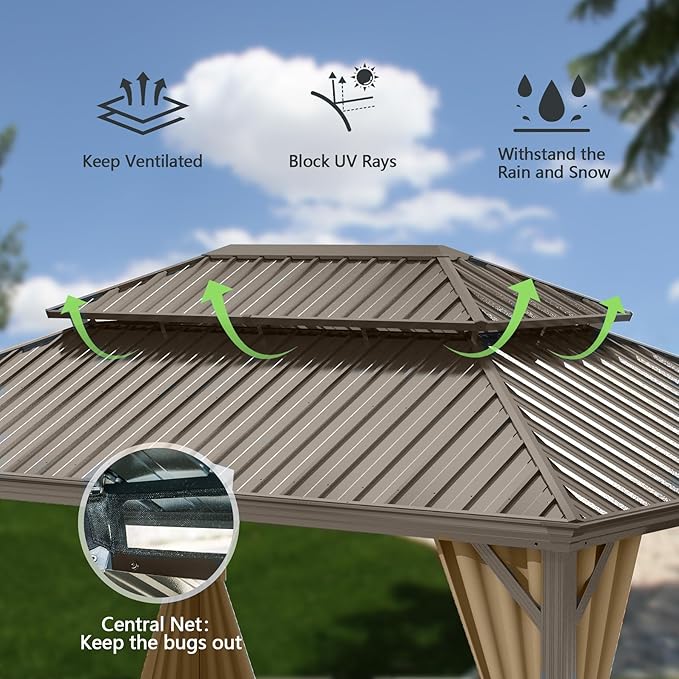 Domi 10'x14' Hardtop Gazebo withGutters, Outdoor Aluminum Frame Canopywith Galvanized Steel Double Roof,Outdoor Permanent Metal Pavilion withCurtains and Netting for Patio, Backyardand Lawn Brown
