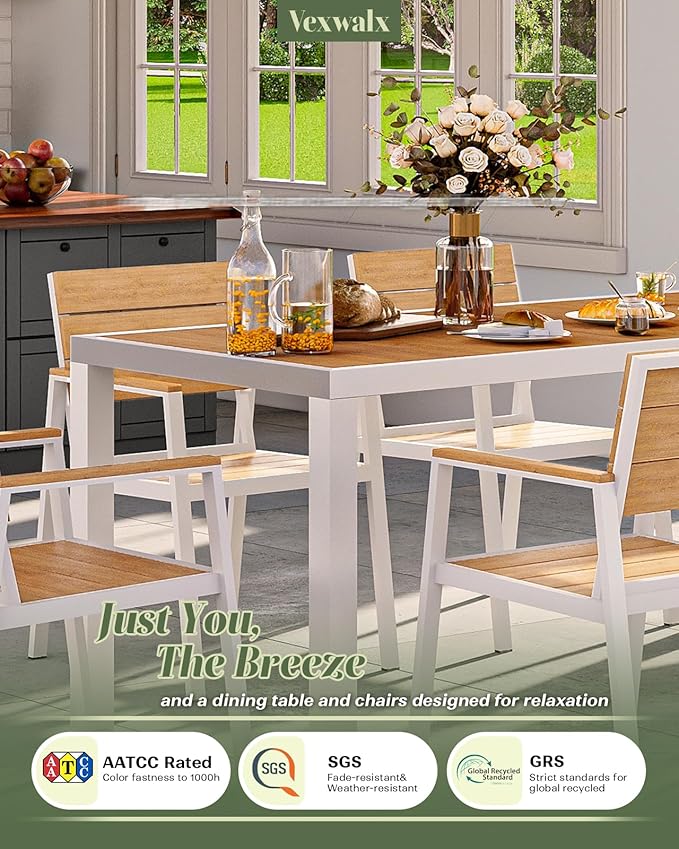 Outdoor Dining Set, Patio Table and Chairs of 4, Aluminum Outdoor Furniture Set with Umbrella Hole, HDPS Patio Dining Table Set for 4 (White-Teak)