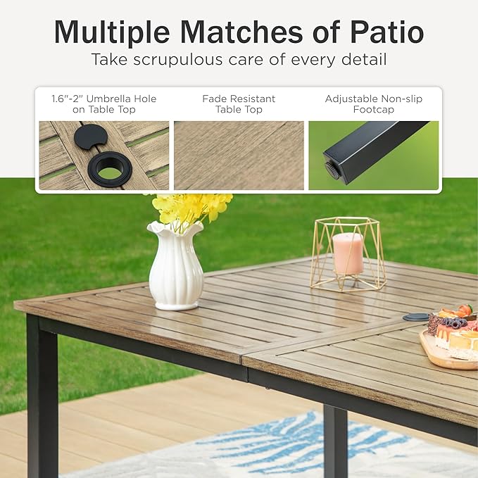PHI VILLA 7 Pieces Patio Dining Set for 6, 65” Wood-Like Metal Steel Dining Table & Stackable Iron Dining Chairs, Large Dining Furniture Set for Outdoor Deck, Yard, Porch