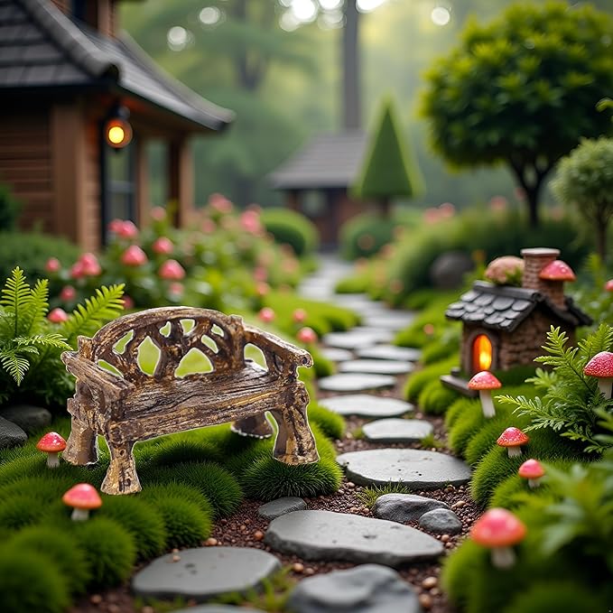 Brown Fairy Garden Furniture Ornaments Miniature Resin Chair Bench Doll House Decor Home Garden Miniatures Resin Micro Landscape Decoration Bench Furniture