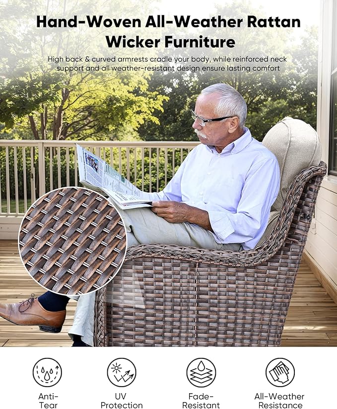HUMMUH Outdoor Patio Wicker Swivel Rocker Chairs with 6-Inch Thick Cushion High Back 3 PCS Wicker Conversation Set for Porch Balcony Deck