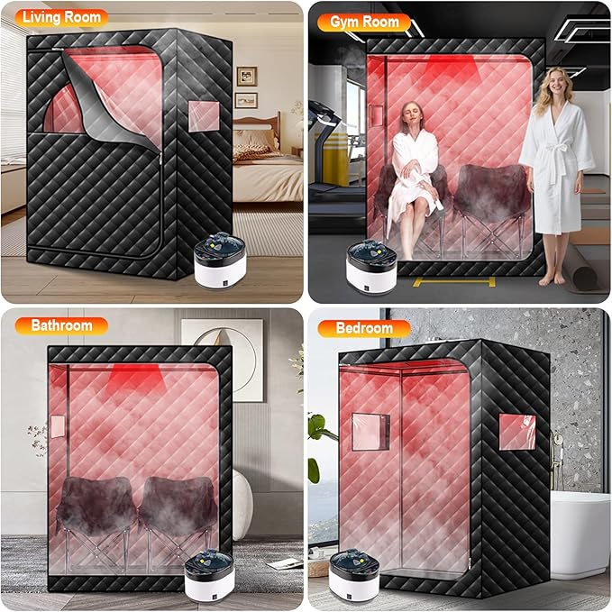 Portable Infrared Steam Sauna with Red Light Therapy Lamp, 2 Person Saunas Tent with 4L Steamer, 2 Large Folding Chairs, Remote Control, Indoor 1 or 2 Person Home Spa for Gym/Pilates/Garage
