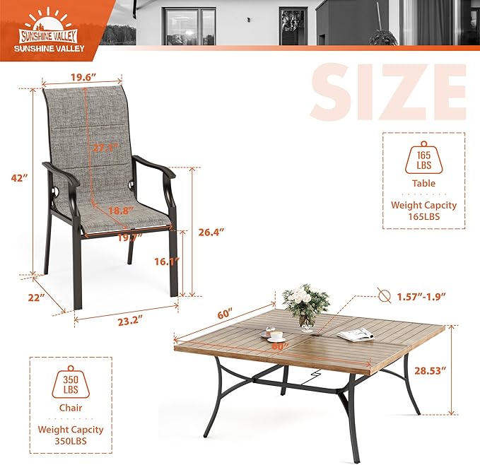 9 Piece Patio Dining Sets for 8, Outdoor Table and Chairs Set with Large Square Patio Dining Table and 8pcs Patio Stable Chairs, Outdoor Dining Sets for Backyard Deck Garden
