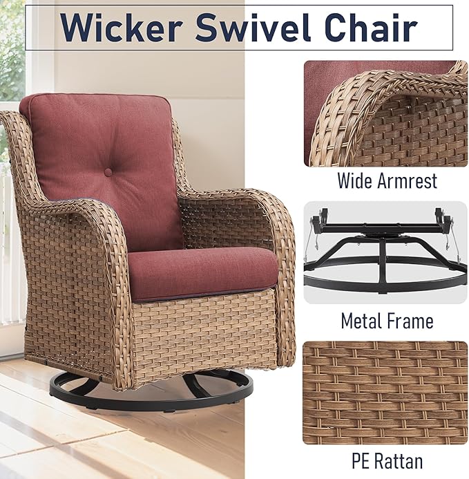 Luxury Wicker Swivel Patio Chairs Set of 3, Outdoor Swivel Rocking Chairs with Side Table, Outdoor Bistro Set for Patio, Porch, Yard, Deck, Poolside, Yellow/Red