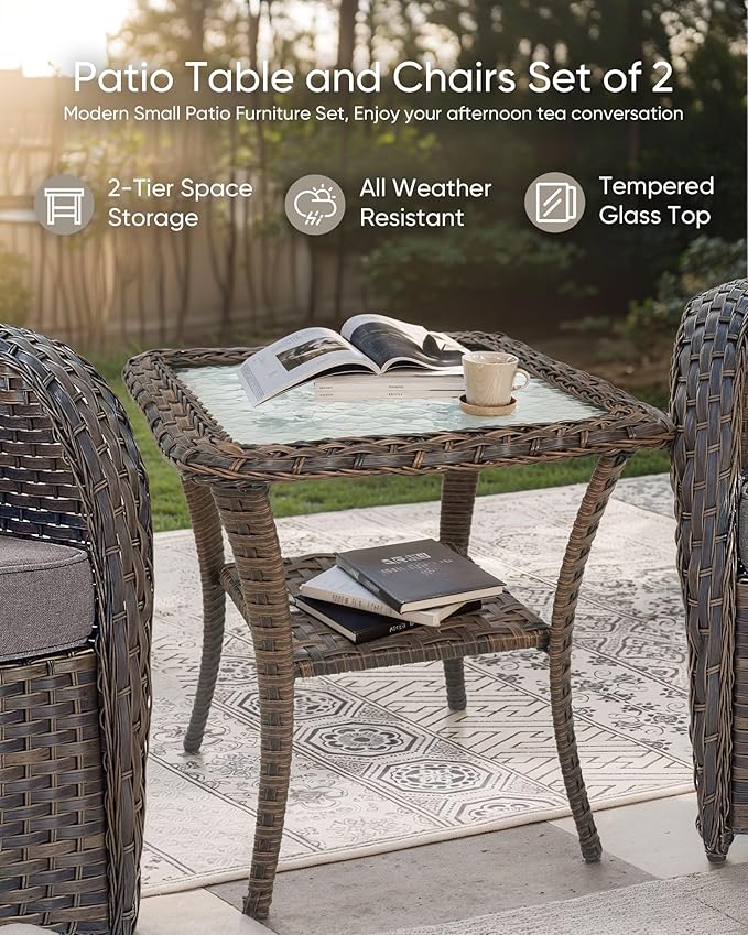 HUMMUH Outdoor Swivel Chairs,3 Pieces Patio Furniture Set with 360 Degree Wicker Swivel Rocking Chairs and Side Table for Garden,Porch,Backyard (Brown/Grey)