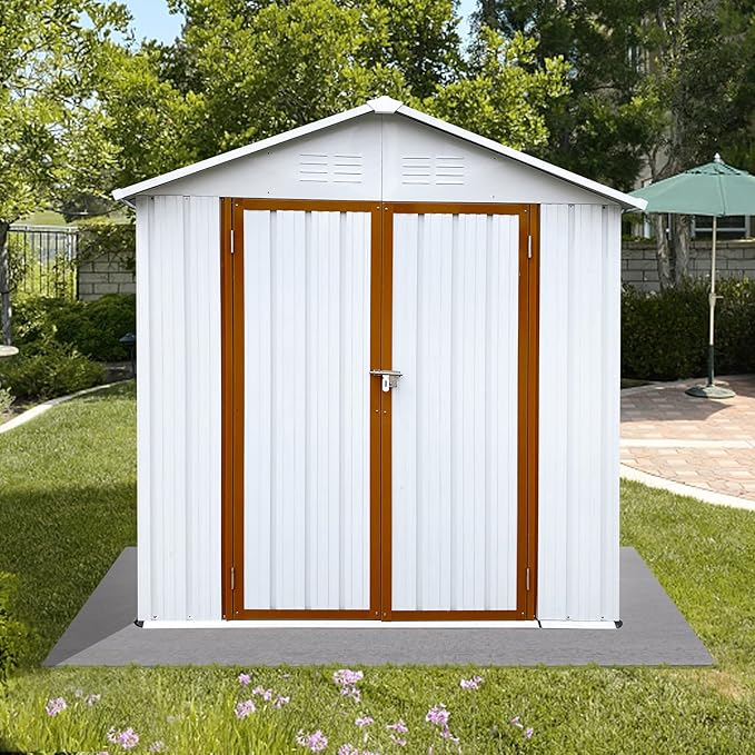 Favfurish 4x6 FT Outdoor Metal Storage Sheds with Apex Roof,Single-Storey Waterproof Roofed Structure Garden Shed w/Lockable Doors,for Lawn Equipment Tool Sundries,White+Yellow