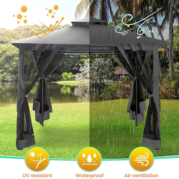 COBIZI Gazebo 10x10 Heavy Duty Gazebos with Improved Nettings Outdoor Gazebo Double Roof Patio Gazebos with Metal Steel Frame Outdoor Canopy for Patio, Deck, Backyard(Black)