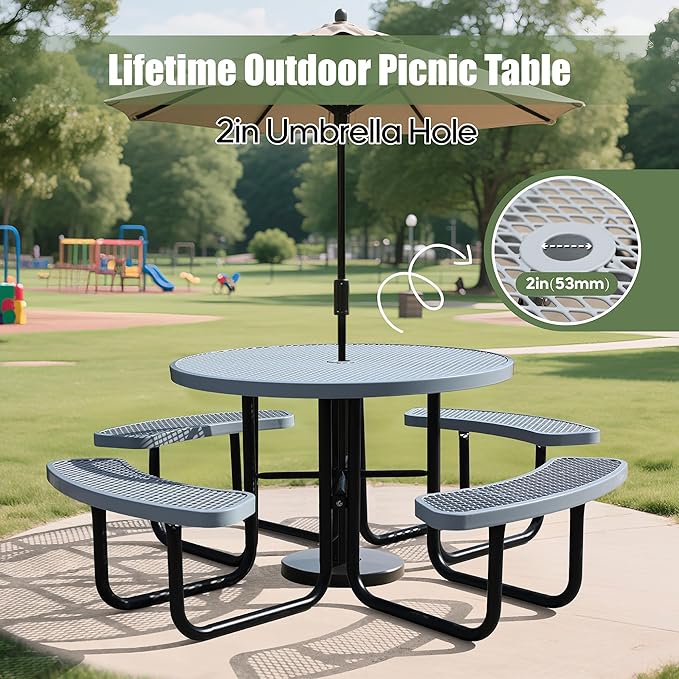 8-Person Picnic Tables for Outdoors, Industrial 46" Expanded Metal Round Picnic Table with 4 Benches & Umbrella Hole, Outside Table and Bench Set for Park, Garden, Backyard, Patio, Grey