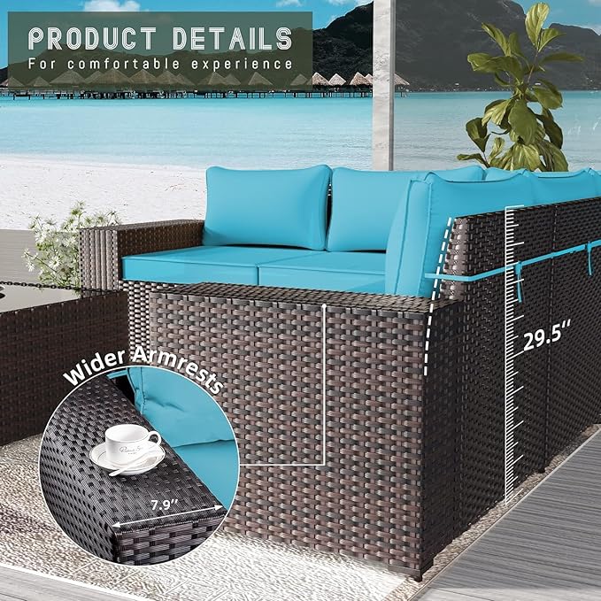 10 Pieces Outdoor Patio Furniture Set Outdoor Furniture Patio Sectional Sofa Conversation Sets w/ETL Approved 45" Gas Outdoor Fire Table & Coffee Table, Swivel Rocking Chair (Turquoise)