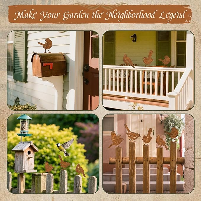 Rusty Bird Decor, Metal Yard Art, Yard Decorations Outdoor, Metal Bird Wall Art, Fence Decorations Outdoor, Rustic Garden Decor, Garden Sculptures Statues, Bird Lover Gifts (Pack of 5)