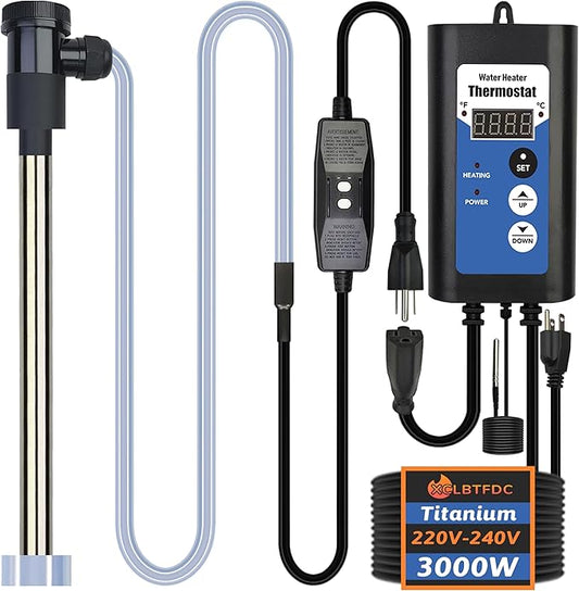 3000W 240V Titanium Immersion Water Heater Portable Electric inflatable pool & Hot Tub Submersible Water Heater with Temp Control, GFCI for above ground pool, Baptistry, baptism pool & spa