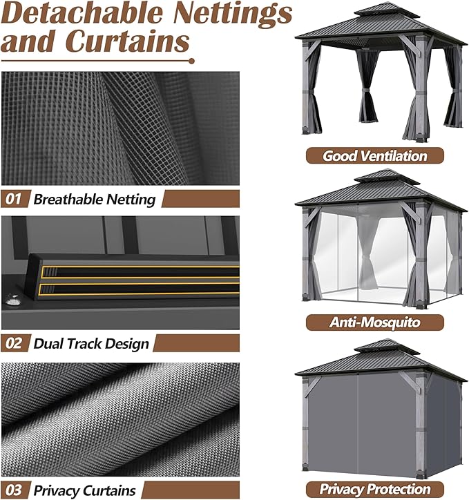10 x10FT Wood Gazebo,Outdoor Wooden Hardtop Gazebo with Galvanized Steel Doule Roof,Cedar Wood Frame Gazebos with Netting &Curtainfor Patio Backyard Deck