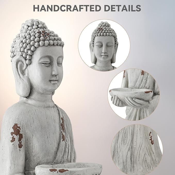 Zen Garden Asian Buddha Statue, 42.1" Large Outdoor Yard Sculpture,Durable Magnesium Oxide Stone Decor for Patio, Yard,Indoor Spaces, Antique White
