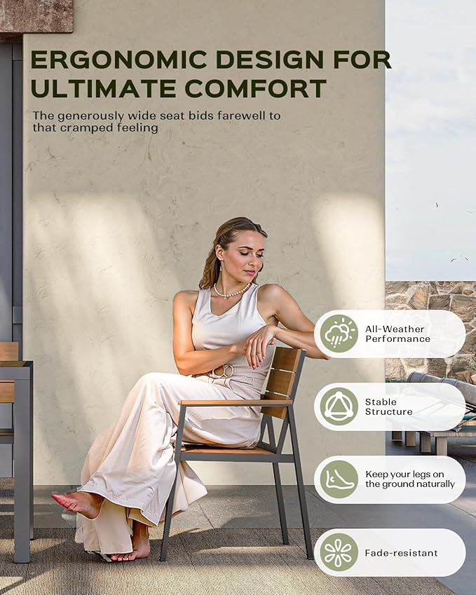 Outdoor Dining Set, Patio Table and Chairs of 4, Aluminum Outdoor Furniture Set with Umbrella Hole, HDPS Patio Dining Table Set for 4 (Gray-Teak)