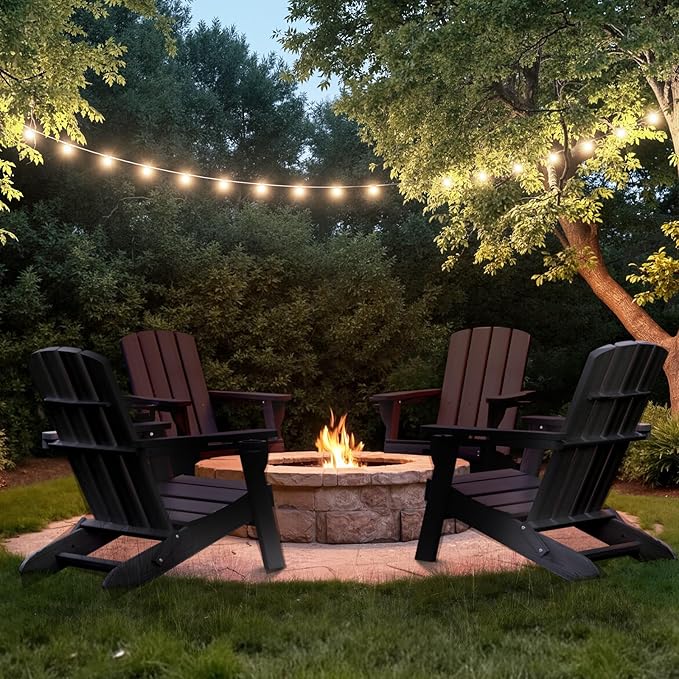 Folding Adirondack Chair Wood Texture 4 Pack, HDPE All-Weather Fire Pit Chairs, Plastic Adirondack Chairs with 2 Cup Holder, Outdoor Lawn Chair for Patio Garden (Black)