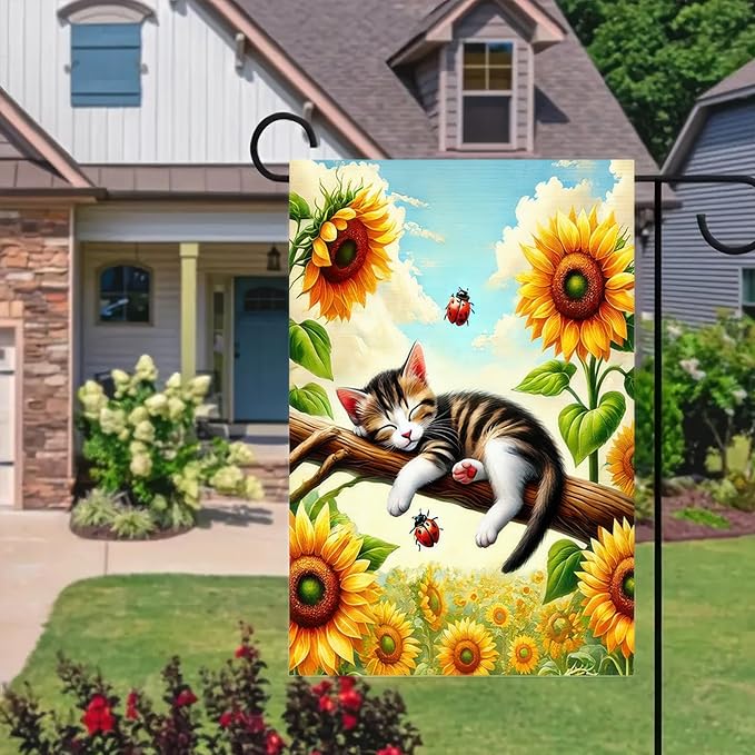Spring Garden Flag 12x18 Inch Double-Sided Sleeping Kitten Yard Decoration Sunflowers Ladybugs for Outdoor Garden Patio Yard Spring Summer Décor