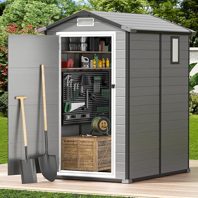 GVDV 4×6FT Outdoor Resin Plastic Storage Shed with Reinforced Floor, All-Weather Plastic Shed with Lockable Door, Window, Waterproof Tool Storage for Garden, Backyard, Patio