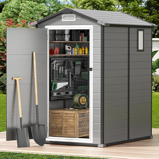 GVDV 4×6FT Outdoor Resin Plastic Storage Shed with Reinforced Floor, All-Weather Plastic Shed with Lockable Door, Window, Waterproof Tool Storage for Garden, Backyard, Patio