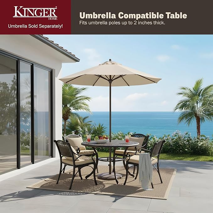 Kinger Home 5-Piece Cast Aluminum Outdoor Dining Furniture Set for 4, Round Patio Table and Chairs for 4 with Cushions, Outdoor Furniture Set with Umbrella Hole, All-Weather Patio Dining Set