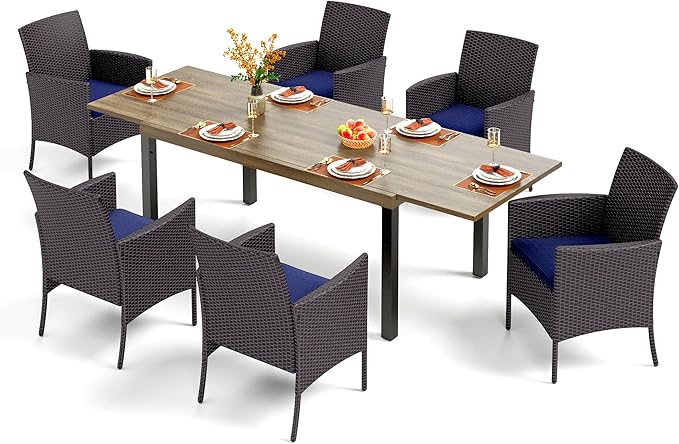 PHI VILLA 7 Piece Outdoor Dining Set for 6, Expandable Wood-Like Metal Dining Table & Wicker Chairs with Cushions, Large Dining Furniture for Patio, Deck, Backyard, Porch