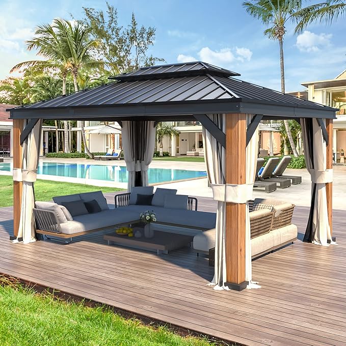 YOLENY 12'x16' Hardtop Gazebo Ultra-Thick Columns and Beams, Gazebo with Wood Grain Aluminum Frame, Galvanized Steel Roof, Permanent Metal Pavilion with Netting and Curtains for Backyard and Patio