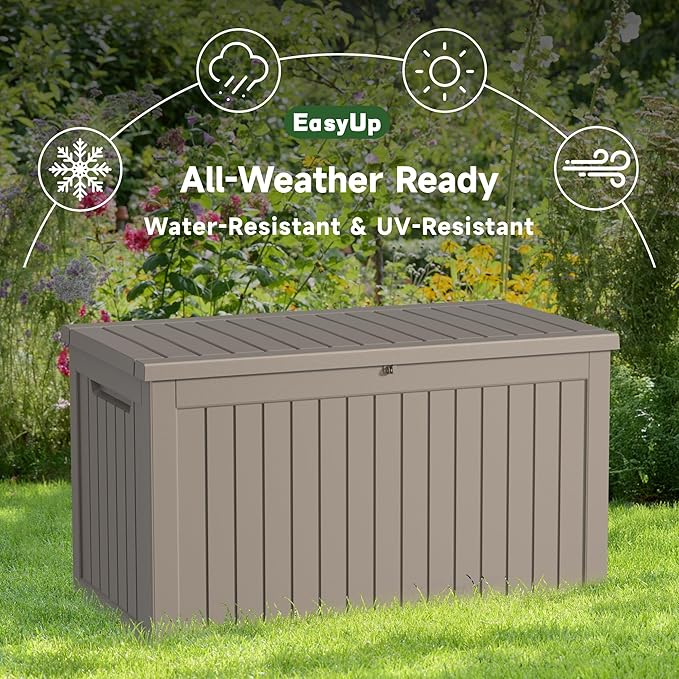 EasyUp 230 Gallon Outdoor Storage Box Waterproof, UV Resistant Resin Deck Box with Hydraulic Rod, Reinforced Stability for Patio, Garden, Striped Gray