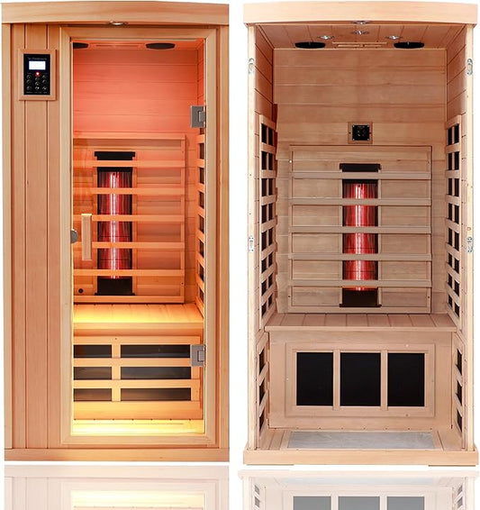 Ceramic Infrared Sauna 1 Person Infrared Sauna Hemlock Far Infrared Saunas for Home 2 in 1 Indoor Sauna Room with Low EMF Heaters + Ceramic Heating Cube-Chromotherapy-Bluetooth Speaker