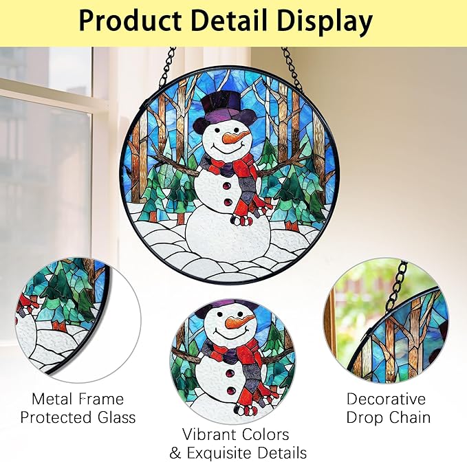 TNUW Snowman Christmas Stained Glass Window Hanging, Rustic Winter Xmas Snowman Sun Catchers Indoor Window Glass Round Wall Art Decor, Christmas Sculptures, Statues, Suncatchers, 7.9＂x7.9＂
