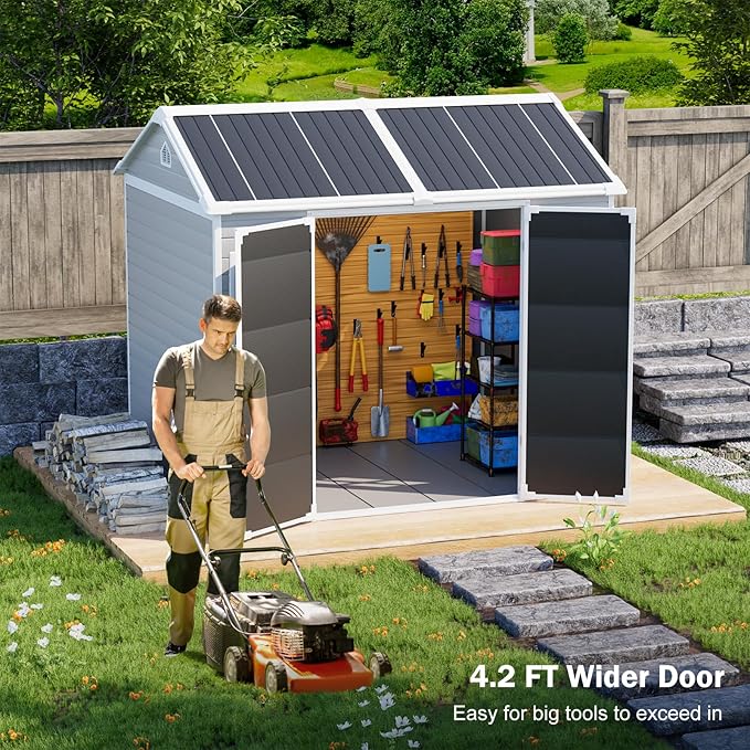 8x6 FT Resin Storage Sheds with Floor Windows Inlcuded, Waterproof Plastic Outdoor Shed Kit, Large Outside Tools Sheds for Backyard Garden Patio Lawn