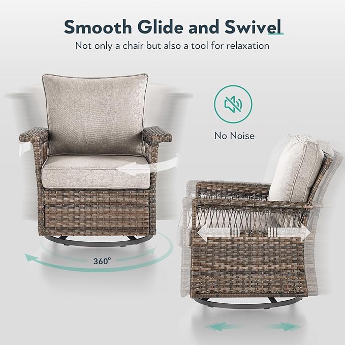 Outdoor Swivel Glider Chairs - 3 Pieces Hollow Widen Armrests Wicker Patio Furniture Set with Side Table, High Back Outside Swivel Rocker for Balcony Porch Deck and Yard - Brown/Beige