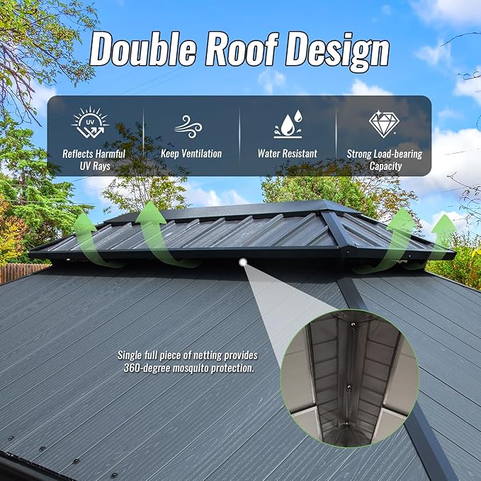 Domi 12’x16’ Outdoor Gazebo Hardtop with Gutters, Patio Gazebo Canopy with Resin & Metal Roof, Heavy Duty Permanent Pavilion for Backyard, Garden, Deck, Hot Tub, Curtains and Mosquito Netting Included