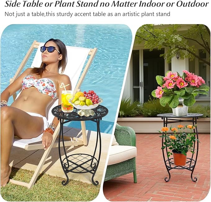 Metal Side Table, 18inch Round Side End Table, Outdoor Side Table Patio Bistro Table, Weather Resistant Portable Outdoor and Indoor End Table Drink Table for Garden Balcony Yard, 25" Height