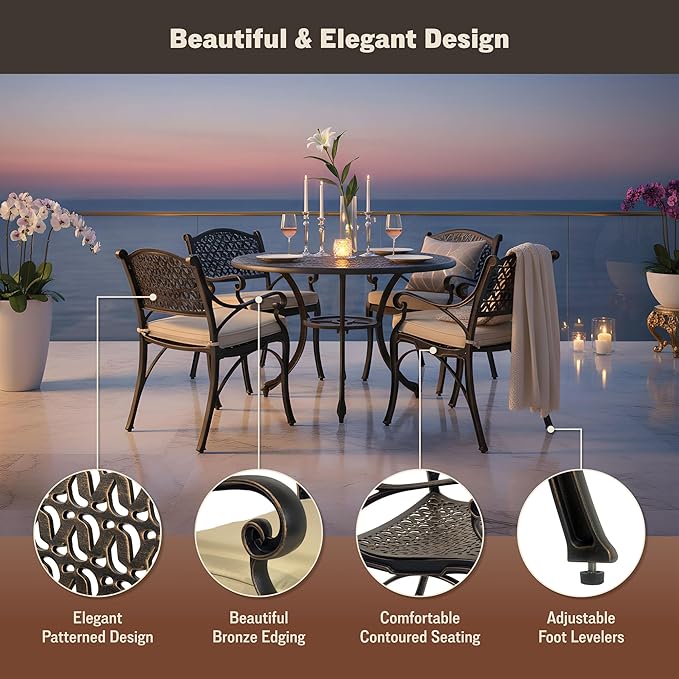 Kinger Home 5-Piece Cast Aluminum Outdoor Dining Furniture Set for 4, Round Patio Table and Chairs for 4 with Cushions, Outdoor Furniture Set with Umbrella Hole, All-Weather Patio Dining Set