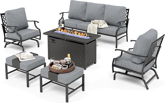 HERA'S HOUSE 6 Pieces Patio Furniture Set with Fire Pit Table, 2 x Rocking Chair, 2 x Ottoman, 3-Seat Sofa with 45" Fire Pit Table, Outdoor Conversation Set for Garden Poolside Backyard, Grey