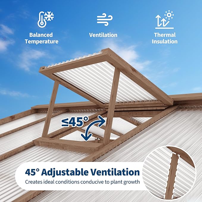 8x10FT Wooden Greenhouse with Cedar Frame, Outdoor Wood Greenhouses with Roof Vent, Wood and Polycarbonate Walk-in Greenhouse