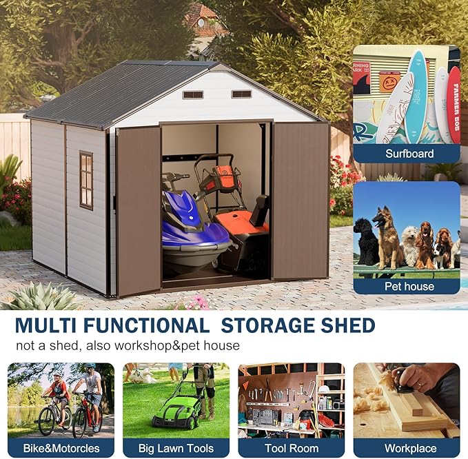 8x8 FT Resin Storage Sheds with Floor and Openable Windows, Large Waterproof Outdoor Plastic Garden Sheds with Base for Backyard Patio Lawn Big Tools Storage, Gray