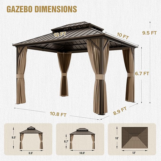 COOS BAY 12x10 Hardtop Gazebo with Aluminum Frame, Galvanized Steel Double Roof Outdoor Pavilion with Netting and Curtains, Dark Brown/Tan