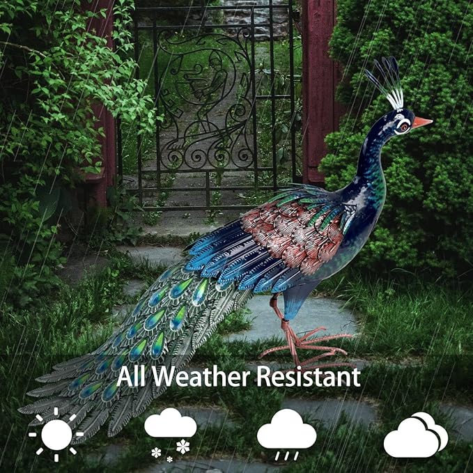 Kircust Metal Peacock Statue for Outdoor Decor - 24" L Elegant Peacock Sculpture for Garden, Patio, Yard, or Home - Weatherproof & Handcrafted Peacock Art
