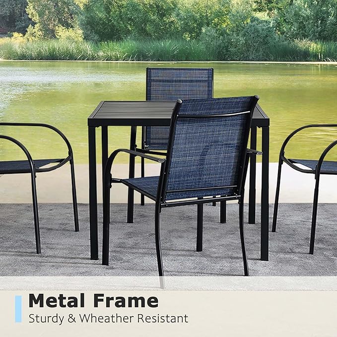5 Pieces Round Dining Table Set for 4, Patio Dining Set Includes 4 Dark Blue Stackable Patio Chairs and 1 Black Square Table, Patio Furniture Sets with Sling Support for Outside, Garden