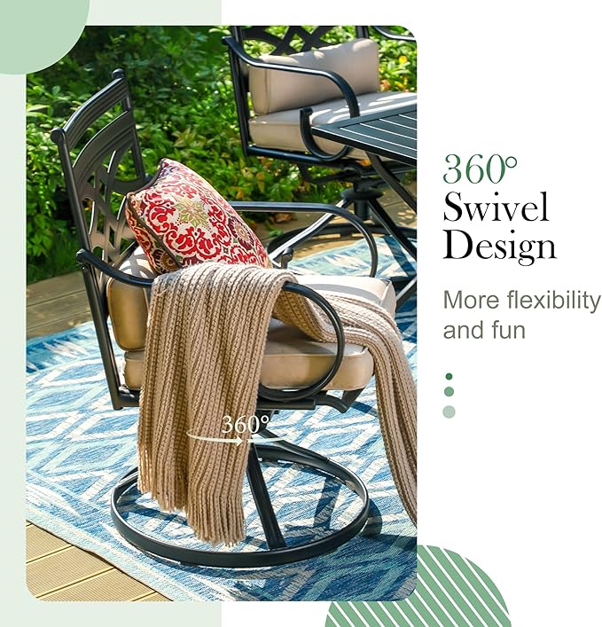 Sophia & William Swivel Patio Dining Set for 4, Outdoor Table and Chairs, Removable Seat Cushions, 37" Black Frame & Wood-Like Tabletop