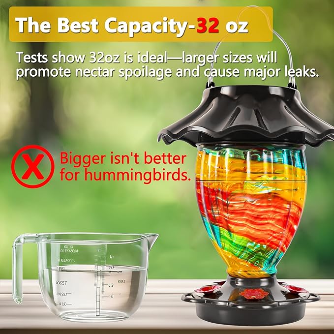 LUJII Solar Hummingbird Feeder for Outside, Color Changing, Hand Blown Glass, 32 fl.oz Never Leak, Waterproof & Rustproof, Lighted Lantern for Patio Decor, Unique Gift for Bird Lover (Ribbon)
