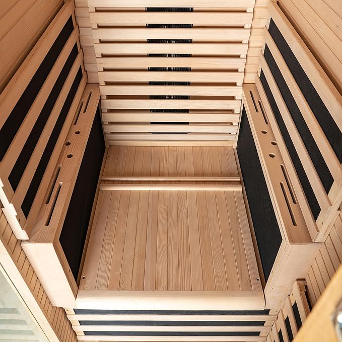 Woodbridge Infrared Home Sauna Room 1 Person Hemlock Wooden Indoor Sauna,7 Carbon 1560W/120V Heaters,with Led Color Therapy Light,Bluetooth Speaker,Tempered Glass,Touch-Tone Keypad and A Top Vent
