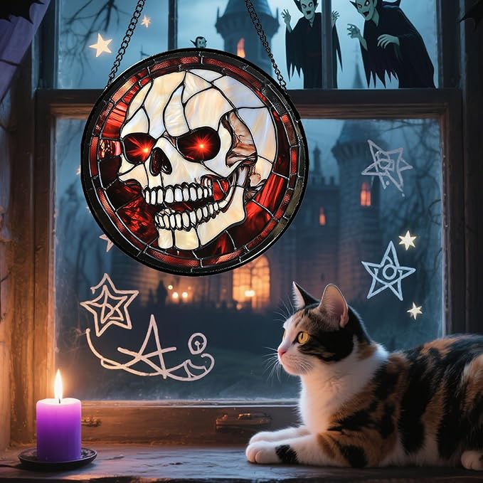 Stained Glass Window Hanging - Halloween Decorations White Skeleton Suncatcher for Doors Garden Indoor Spooky Funny Red Sun Catchers Gothic Decor Horror Gifts for Women Men Friend 11.8 in